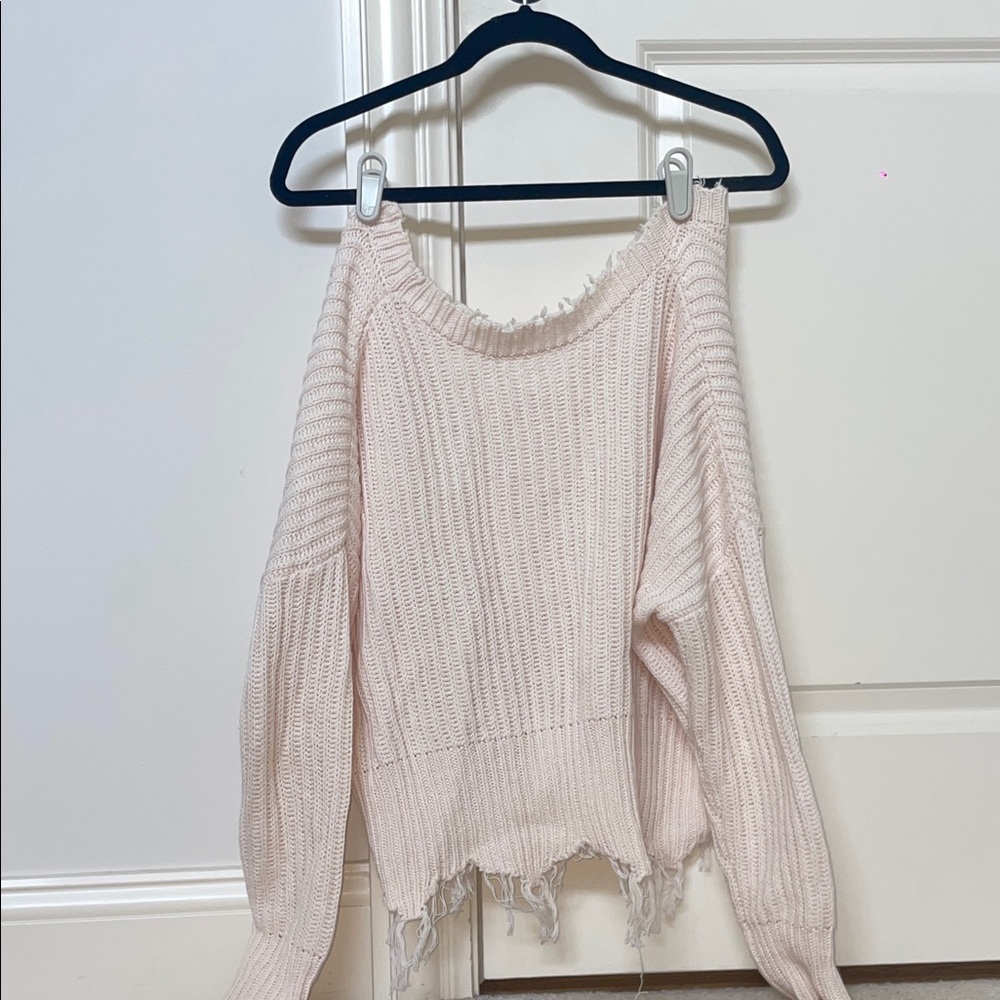 Women's Pink Frayed Hem Sweater
